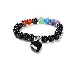 Обсидиан Эластичные круглые браслеты из натурального черного обсидиана и смешанных драгоценных камней, расшитые бисером, Браслет на тему чакры с подвесками в форме половины сердца, внутренний диаметр: 2-1/8 дюйм (5.5 см)