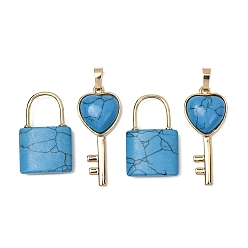Synthetic Turquoise Synthetic Blue Turquoise Beaded Pendants, Lock and Key Charms, with Golden Brass Findings, 31.5~32.5x20~20.5x7.5mm, Hole: 11x12mm