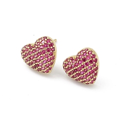 Medium Violet Red Heart Brass Cubic Zirconia Ear Studs for Women Men, Lead Free & Cadmium Free, Real 18K Gold Plated, Long-Lasting Plated, Medium Violet Red, 11x12x4mm, Pin: 0.8mm