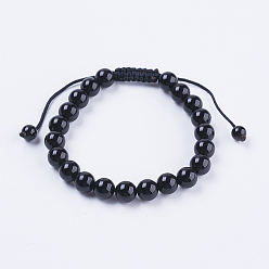 Black Agate Adjustable Nylon Cord Braided Bead Bracelets, with Black Agate Beads, 2-1/8 inch(55mm)