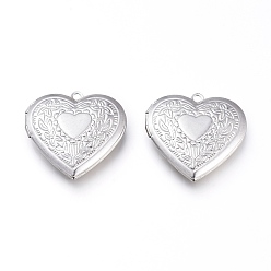 Stainless Steel Color 304 Stainless Steel Locket Pendants, Photo Frame Charms for Necklaces, Heart, Stainless Steel Color, Tray: 21x21mm, 29x29x7mm, Hole: 2mm