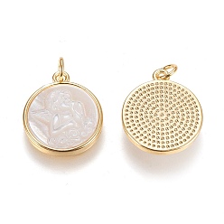 Golden Natural Shell Pendants, with Jump Rings and Brass Findings, Long-Lasting Plated, Flat Round with Angel, Golden, 18.3x16x3.3mm, Hole: 3mm