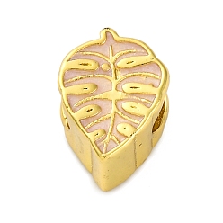 Розовый Латунь эмаль европейские шарики, бусины с большим отверстием, без кадмия и без свинца, долговечный, реальный 18 k позолоченный, лист, туманная роза, 13x9.5x8 мм, отверстие : 5 мм