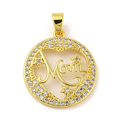 Clear Real 18K Gold Plated Mother's Day Rack Plating Brass Micro Pave Cubic Zirconia Pendants, Long-Lasting Plated, Lead Free & Cadmium Free, Round with Word Mom, Clear, 25x22x3mm, Hole: 6x3mm