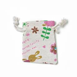 Colorful Bunny Burlap Packing Pouches, Drawstring Bags, Rectangle with Rabbit & Flower Pattern, Colorful, 8.7~9x7~7.2cm