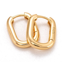 Golden 925 Sterling Silver Huggie Hoop Earrings, with 925 Stamp, Oval, Golden, 14x10.5x2mm, Pin: 0.7mm