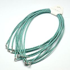 Light Sea Green Braided Leather Cords, for Necklace Making, with Brass Lobster Clasps, Light Sea Green, 21 inch, 3mm