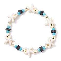 Кремово-белый Синтетическая бирюза и натуральные бусины из лавы, эластичные браслеты для мужчин и женщин, морская звезда, кремово-белые, внутренний диаметр: 2-1/8 дюйм (5.5 см)