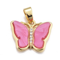 Бледно-фиолетовый Красный Подвески из смолы, с золотистым латунным микропаве, фурнитура из фианита, бабочка, бледно-фиолетовый красный, 14x17.5x3 мм, отверстие : 3.5x5.5 мм