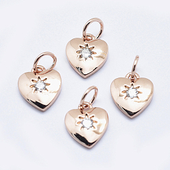 Real Rose Gold Plated Brass Micro Pave Cubic Zirconia Charms, Long-Lasting Plated, Lead Free & Nickel Free & Cadmium Free, Heart, Real Rose Gold Plated, 10x8.5x2mm, Hole: 3mm