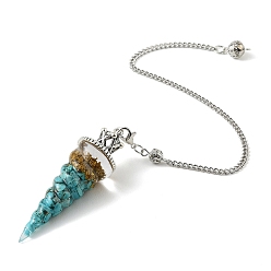 Synthetic Turquoise Resin Dowsing Pendulum Pendants with Synthetic Turquoise Chips inside and Iron Chain & Alloy Caps, Cone Charms, 280mm, Hole: 2mm