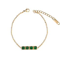 Green Rectangle Cubic Zirconia Link Bracelets, with Golden Stainless Steel Cable Chains, Green, no size