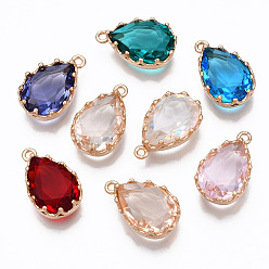 Mixed Color Glass Pendants, with Light Gold Brass Findings, Long-Lasting Plated, Faceted, Teardrop, Mixed Color, 17.5x10x6mm, Hole: 1.4mm