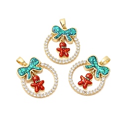 Gingerbread Man Рождественские тематические латунные подвески с микропаве и кубическим цирконием, с эмалью и синтетическим опалом, долговечный, без свинца и без кадмия, реальный 18 k позолоченный, кольцо с бантом, Колобок, 25.5x23x5 мм, отверстие : 2.5x5 мм