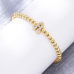 Letter A Латунные круглые бусины эластичные браслеты, Подвеска в виде буквы из латуни с микропаве из прозрачного кубического циркония для женщин, без свинца и без кадмия, стойки покрытие, реальный 18 k позолоченный, буква a, внутренний диаметр: 2~2-1/8 дюйм (5~5.5 см)