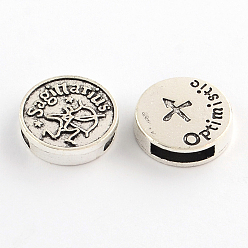 Sagittarius Antique Silver Plated Tibetan Style Flat Round Alloy Slide Charms, with Constellation/Zodiac Sign, Cadmium Free & Lead Free, Sagittarius, 17~18x5mm, Hole: 11x3mm, about 282pcs/1000g