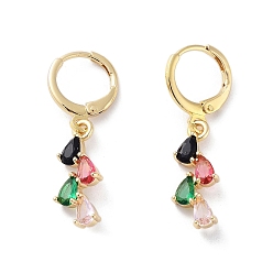 Colorful Rack Plating Brass Leverback Earrings, Teardrop Cubic Zirconia Dangle Earring for Women, Golden, Colorful, 30.5x7.5mm