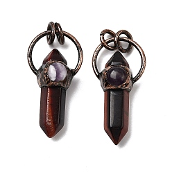 Тигровый глаз Подвески из натурального аметиста и окрашенного красного тигрового глаза, подвески-пули с двумя концами в форме заостренных граней и латунными соединительными кольцами, без кадмия и без свинца, Красная медь, 37.5~38.5x19x12~13 мм, отверстие : 6 мм