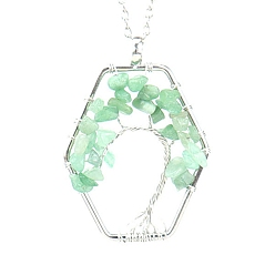 Green Aventurine Natural Green Aventurine Chips Beaded Hexagon with Tree Pendant Necklaces, with Platinum Brass Chains, 20.87 inch(53cm)