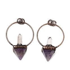 Аметист Подвески в форме пирамиды из натурального кварца и аметиста, с кольца прыжок из латуни, без кадмия и без свинца, Красная медь, 60~60.5x42x20~20.5 мм, отверстие : 6 мм