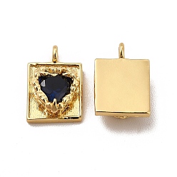 Midnight Blue Rack Plating Brass Micro Pave Cubic Zirconia Charms, Long-Lasting Plated, Cadmium Free & Lead Free, Rectangle with Heart Charm, Real 18K Gold Plated, Midnight Blue, 12x8x4mm, Hole: 1.4mm