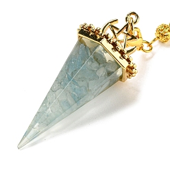 Аквамарин Большие подвески-маятники с кусочками натурального аквамарина и смолой, с реечной накладкой из латуни с золотистым напылением, без свинца и без кадмия, шестиугольный конус, 300~305 мм