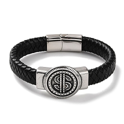 Antique Silver Men's Braided Black PU Leather Cord Bracelets, Lucky Money Dollar Sign 304 Stainless Steel Link Bracelets with Magnetic Clasps, Antique Silver, 8-1/2 inch(21.6cm)