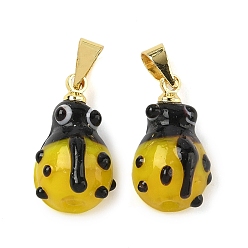 Золотистый Подвески лэмпворк ручной работы, коровка, с реечной накладкой из латуни с золотистым напылением, долговечный, золотые, 17x9x6.5 мм, отверстие : 4.5x4 мм