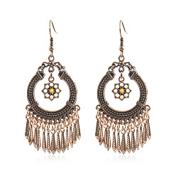 1283 Vintage Gold Bohemian Earrings with Rhinestone Circle and Tassel Pendant