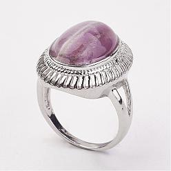 Amethyst Natural Amethyst Finger Rings, with Brass Ring Finding, Platinum, Oval, Size 8, 18mm