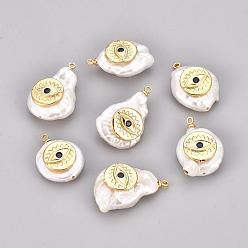 Golden Natural Cultured Freshwater Pearl Pendants, with Brass Micro Pave Cubic Zirconia Findings, Flat Round with Evil Eye, Golden, 20~28x16~20x6~7mm, Hole: 1.4~1.5mm