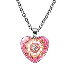 Pale Violet Red Glass Heart with Mandala Flower Pendant Necklace, Platinum Alloy Jewelry for Women, Pale Violet Red, 19.69 inch(50cm)