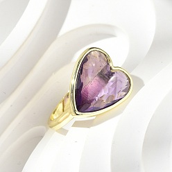 Amethyst Heart Brass Natural Amethyst Finger Rings, Long-Lasting Plated, 20x18mm, Inner Diameter: 18mm