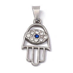 Couleur Acier Inoxydable Pendentifs en acier inoxydable, avec strass, hamsa main avec oeil de cheval, couleur inox, 304mm, Trou: 25x14x2mm
