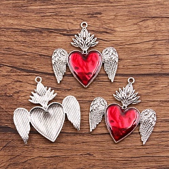 Red Alloy Enamel Pendants, Antique Silver, Heart with Wing Charm, Red, 43x42mm