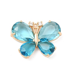 Aquamarine K9 Glass Pendants, with Light Gold Brass Finding, Faceted Butterfly Charms, Aquamarine, 21x27.5x5mm, Hole: 1.6mm