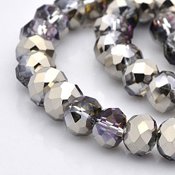 Silver Plated Half Plated Faceted Rondelle Glass Beads Strands, Silver Plated, 8x6mm, Hole: 1mm, about 65pcs/strand, 16 inch