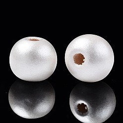 Creamy White Painted Natural Wood Beads, Pearlized, Round, Creamy White, 10x8.5mm, Hole: 3mm
