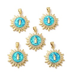 Real 18K Gold Plated Rack Plating Brass Micro Pave Cubic Zirconia with Synthetic Opal Pendants, with Jump Ring, Lead Free & Cadmium Free, Long-Lasting Plated, Sun with Saint, Real 18K Gold Plated, 25.5x22.5x4.2mm, Hole: 5x3.5mm