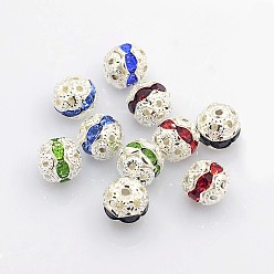 Mixed Color Brass Rhinestone Beads, Grade A, Silver Metal Color, Round, Nickel Free, Mixed Color, 8mm, Hole: 1mm