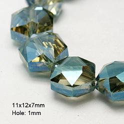 Cadet Blue Electroplate Glass Beads, Half Plated, Faceted, Hexagon, Cadet Blue, 11x12x7mm, Hole: 1mm