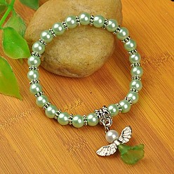 Pale Green Lovely Wedding Dress Angel Bracelets for Kids, Carnival Stretch Bracelets, with Glass Pearl Beads and Tibetan Style Beads, Pale Green, 45mm
