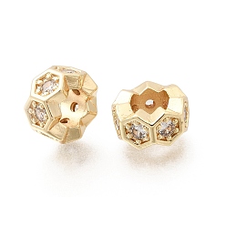 Light Gold Шестиугольные латунные микропаве прозрачные кубические цирконии европейские бусины, рондель, колесо, бусины с большими отверстиями, стойки покрытие, долговечный, без свинца и без кадмия, золотой свет, 10x5.5 мм, отверстие : 5.3 мм