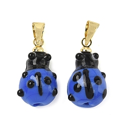 Королевский синий Подвески лэмпворк ручной работы, коровка, с реечной накладкой из латуни с золотистым напылением, долговечный, королевский синий, 17x9x6.5 мм, отверстие : 4.5x4 мм