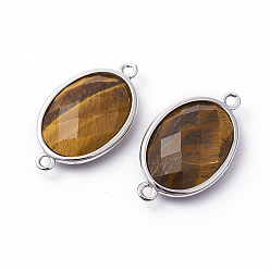Tiger Eye Platinum Tone Brass Tiger Eye Links connectors, Faceted, Oval, 26.5x15x6mm, Hole: 1~2mm