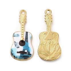 Colorful Rack Plating Golden Tone Alloy Pendants, with Printed Enamel, Cadmium Free & Nickel Free & Lead Free, Guitar with Eiffel Tower Charm, Colorful, 27x12x2mm, Hole: 1.4mm