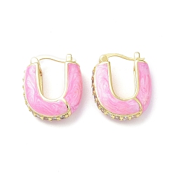 Pearl Pink Enamel Half Round Hoop Earrings with Clear Cubic Zirconia, Real 18K Gold Plated Brass Jewelry for Women, Lead Free & Cadmium Free, Pearl Pink, 22x18.5x6.5mm, Pin: 0.8~1.3x0.7mm