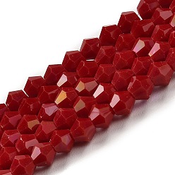 Темно-Красный Непрозрачные однотонные гальванические стеклянные бусины, с покрытием AB цвета, граненые, двухконусные, темно-красный, 4x4 мм, отверстие : 0.8 мм, около 87~98 шт / нитка, 12.76~14.61 дюйм (32.4~37.1 см)