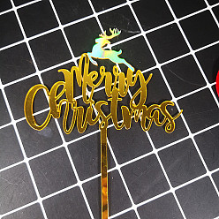 Gold Acrylic Mirror Cake Toppers, Cake Inserted Cards, Christmas Themed Decorations, Word Merry Christmas & Reindeer/Stag, Gold, 110x1.8mm