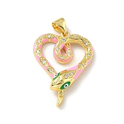 Бледно-Розовый Латунные микропаве прозрачные подвески с фианитом, с эмалью, реальный 18 k позолоченный, без свинца, без кадмии и без никеля, сердце со змеей, розовый жемчуг, 27x19.5x5 мм, отверстие : 4.5x3.5 мм
